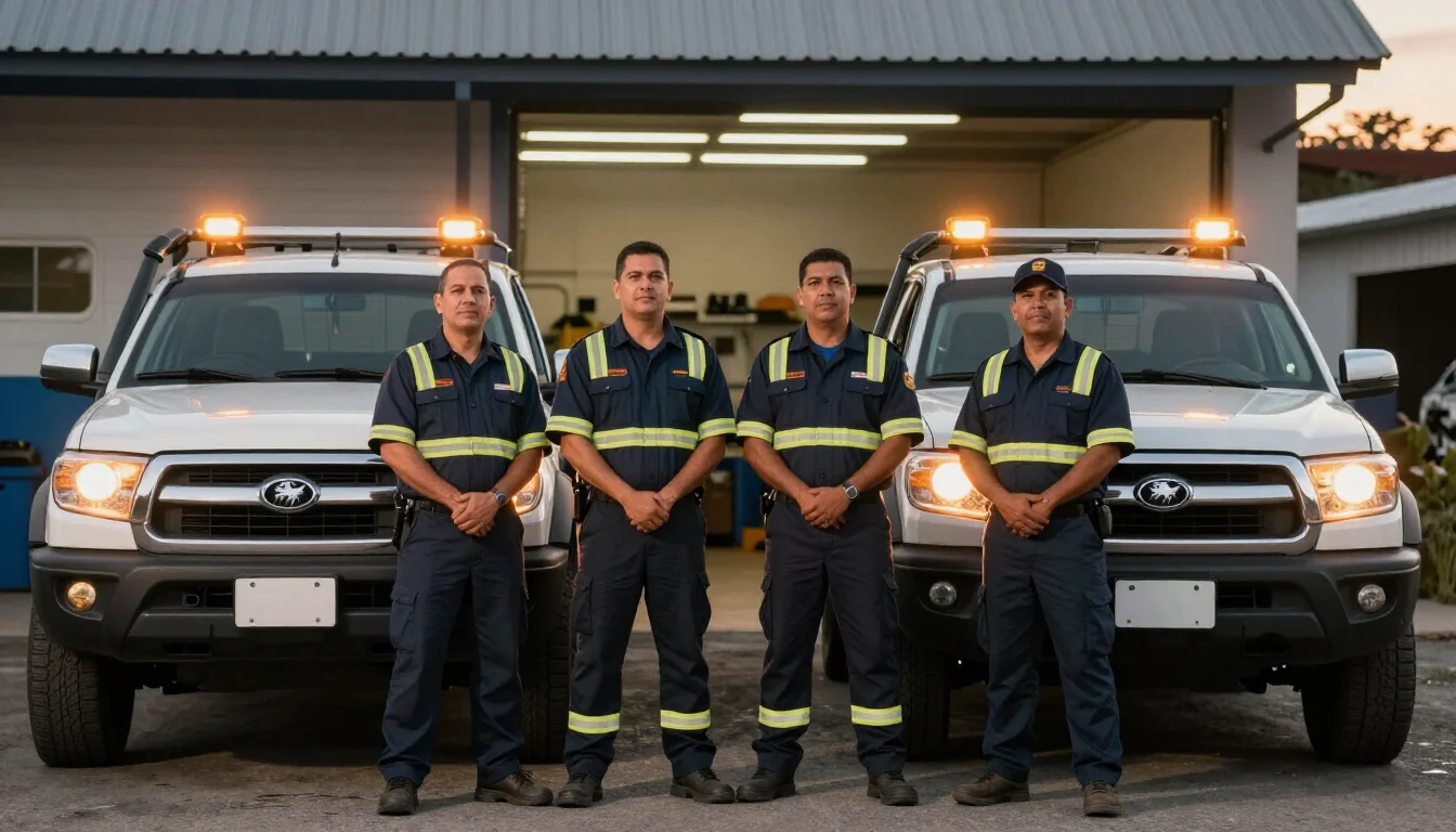 Equipo de técnicos uniformados de TuAsistencia724 con unidades equipadas