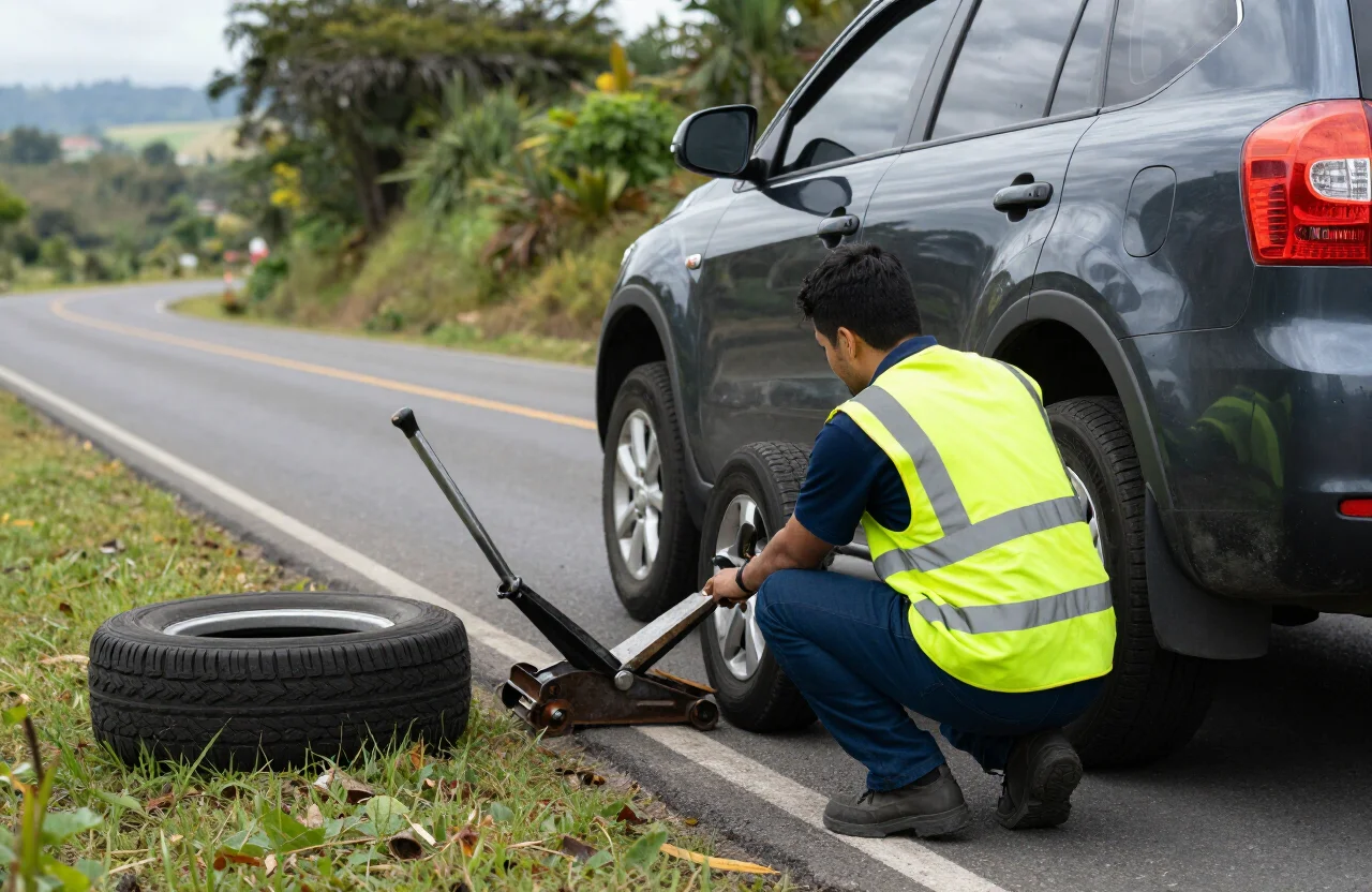 Técnico cambiando llanta en carretera en Bogotá