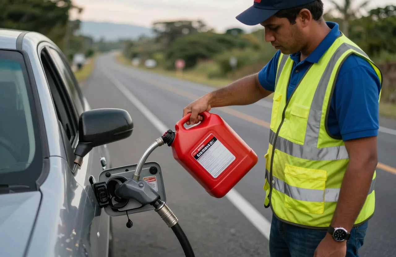 Suplemento de gasolina con bidón de seguridad en vía